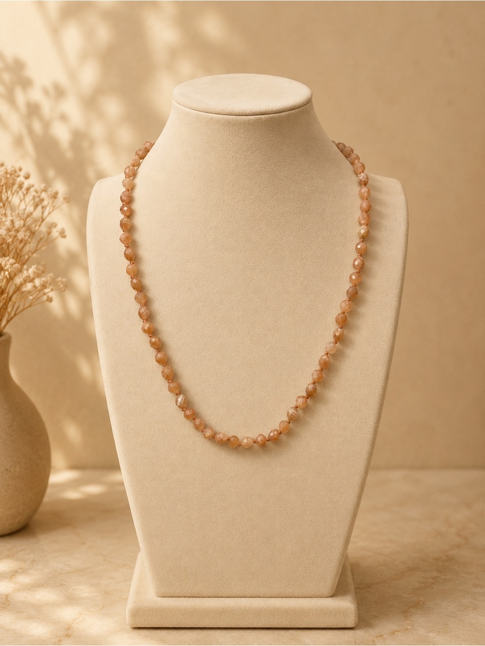22 Inch Peach Moonstone Hand Knotted Necklace Aprilsplace Gold Chicken Charm
